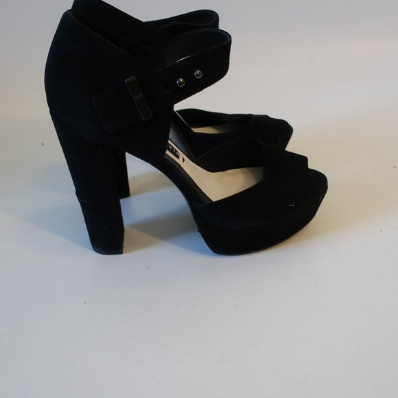 Womens Alice + Olivia Black Suede Peep Toe Platform Block Heels 38 US/8 * - Picture 4 of 11